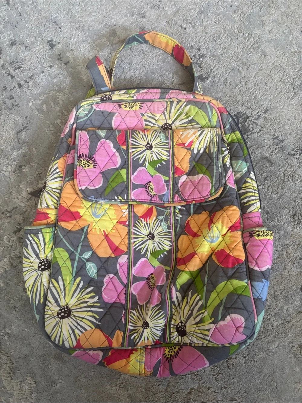 Vera Bradley Quilted Floral Backpack in Gray with Pink, Yellow & Green Accents